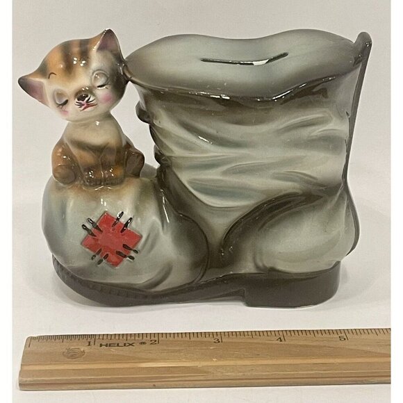 Vintage Ceramaster Tabby Cat on Boot Coin Bank 4.75x5.75x3” Kitten Japanese - Picture 9 of 13
